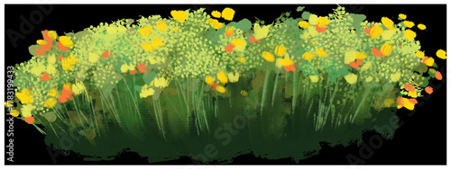 Golden Meadow Border. A vibrant, painterly illustration of a dense cluster of yellow and green foliage with scattered orange and gold accents, resembling a sunlit meadow or flower border.