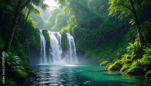 Lush Tropical Waterfall in a Deep Jungle with Crystal Clear Turquoise Water and Mossy