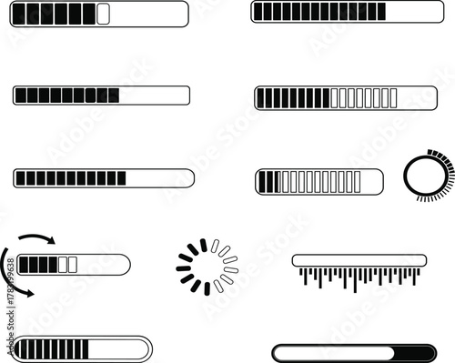 Loading and Progress Bar Icons – Vector Set of Circular Spinners and Segmented Indicators