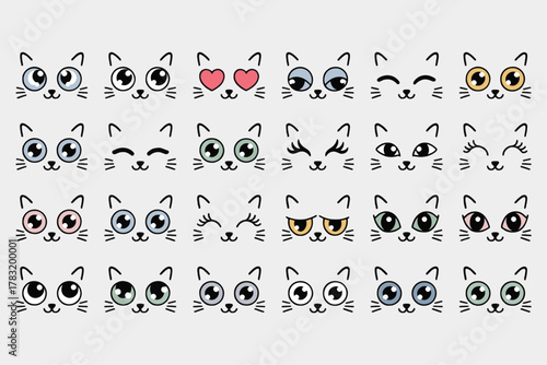 Cat Expression Grid – 30 Stylized Faces with Unique Eyes and Emotive Moods