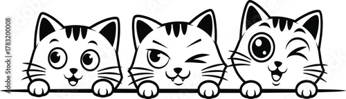 Playful Peeking Cats – Cartoon Trio with Surprised, Mischievous, and Cheerful Expressions