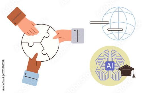 Diverse hands assembling puzzle pieces, globe with connections, neural AI graphic with graduation cap. Ideal for teamwork, technology, education, artificial intelligence, global networking, research