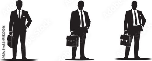 Three silhouette figures of men in suits holding briefcases on a white background