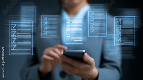 Regulatory and compliance concepts, corporate governance documents, and the use of smartphones and digital files by businesswomen, with a checkbox list displayed on a virtual screen