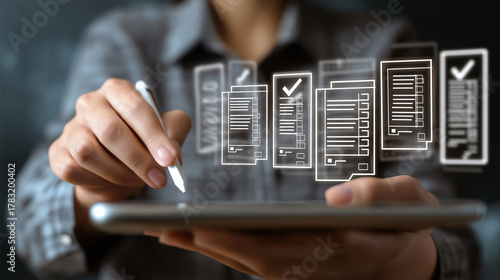 Regulatory and compliance concepts, corporate governance documents, and the use of smartphones and digital files by businesswomen, with a checkbox list displayed on a virtual screen
