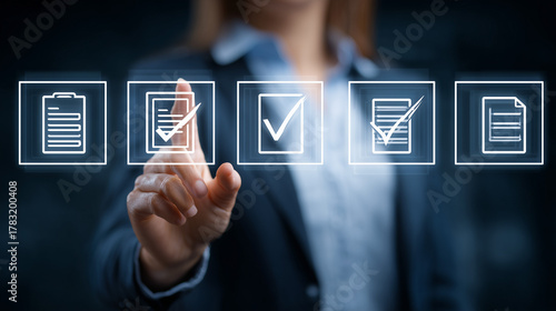 Regulatory and compliance concepts, corporate governance documents, and the use of smartphones and digital files by businesswomen, with a checkbox list displayed on a virtual screen