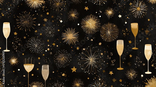 Fototapeta Elegant seamless pattern with fireworks and champagne glasses on black background, festive New Year design