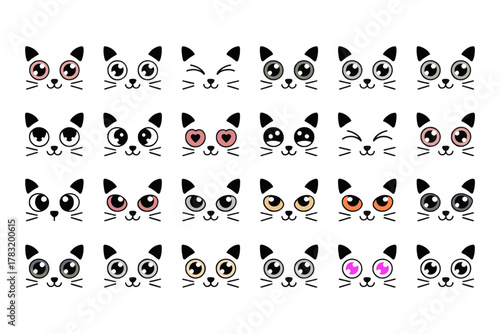 Colorful Cat Emoji Grid – 25 Stylized Faces with Expressive Eyes and Moods