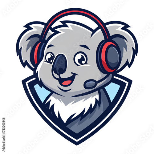 Koala Mascot Logo Vector, Flat Esport Design with Headset, Solid Silver‑Grey Fills and Dark Outline, Transparent Background

