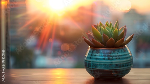 Modern Interior Scene Featuring a Compact Succulent in a Bold Teal Ceramic Pot Sitting on a Clean White Tabletop With Soft Shadows, Chic Plant Styling and Calm Lifestyle Ambience vase with flowers