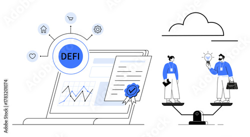 DEFI hub connected to finance icons, laptop with graphs and contracts, two professionals on a balance scale. Ideal for blockchain, banking, equality, teamwork, fintech, innovation simple flat