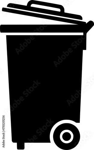 a black and white illustration of a rectangular trash can with a lid and wheels, minimal detail, high contrast, vector art, simplicity, flat design, monochrome

