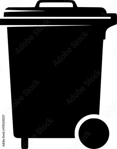 a black and white illustration of a rectangular trash can with a lid and wheels, minimal detail, high contrast, vector art, simplicity, flat design, monochrome


