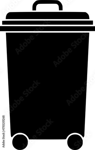 a black and white illustration of a rectangular trash can with a lid and wheels, minimal detail, high contrast, vector art, simplicity, flat design, monochrome

