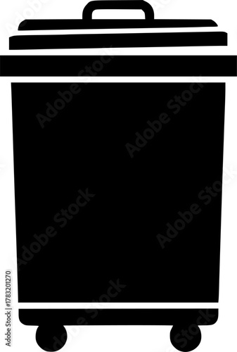 a black and white illustration of a rectangular trash can with a lid and wheels, minimal detail, high contrast, vector art, simplicity, flat design, monochrome

