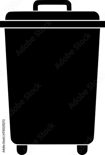 a black and white illustration of a rectangular trash can with a lid and wheels, minimal detail, high contrast, vector art, simplicity, flat design, monochrome

