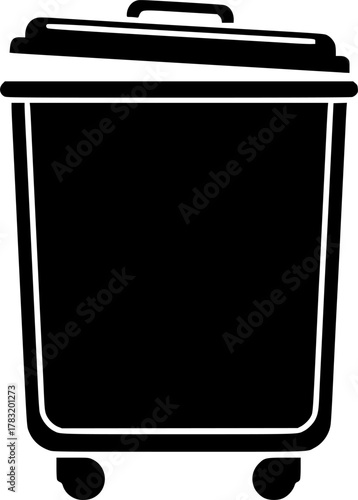 a black and white illustration of a rectangular trash can with a lid and wheels, minimal detail, high contrast, vector art, simplicity, flat design, monochrome

