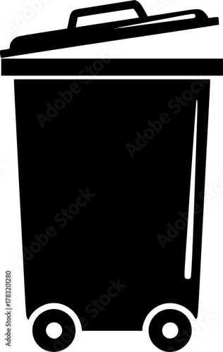 a black and white illustration of a rectangular trash can with a lid and wheels, minimal detail, high contrast, vector art, simplicity, flat design, monochrome

