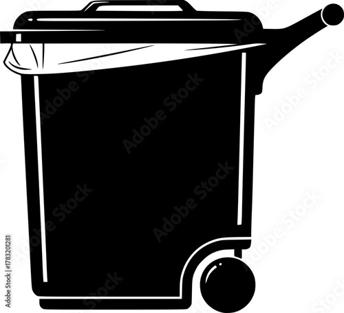 a black and white illustration of a rectangular trash can with a lid and wheels, minimal detail, high contrast, vector art, simplicity, flat design, monochrome

