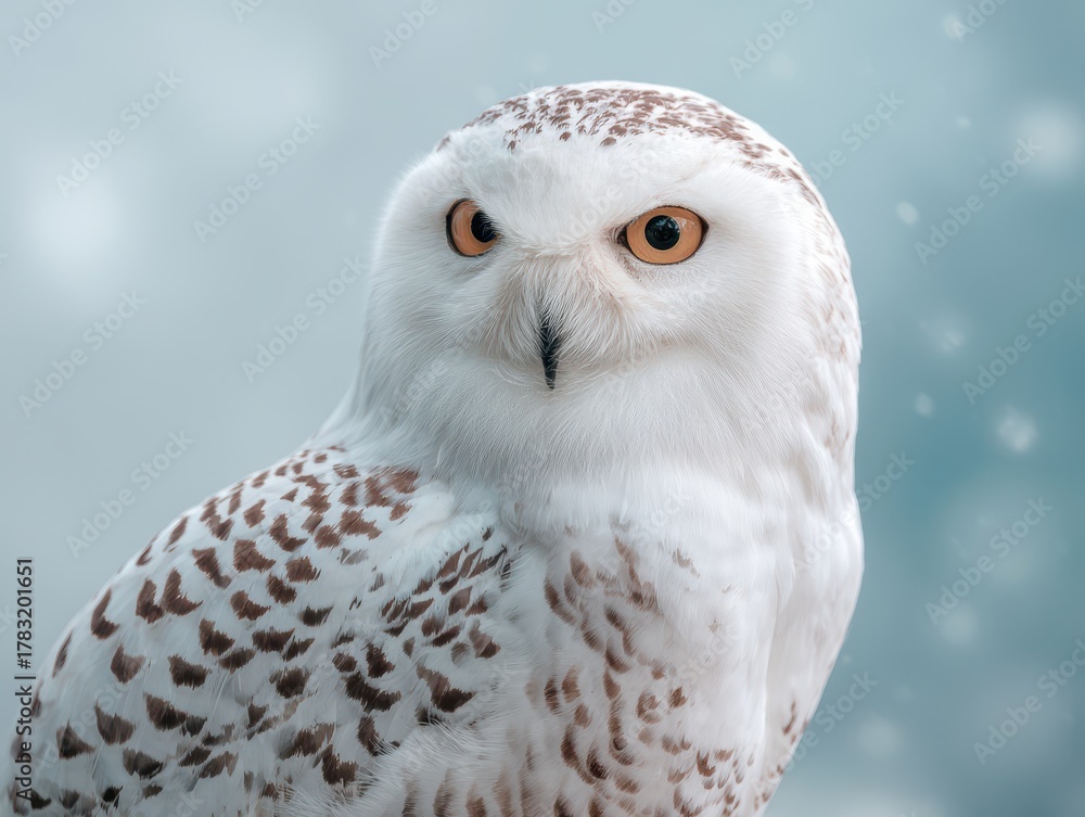 Obraz premium Captivating Snowy Owl Portrait A Majestic Gaze in Winter's Embrace, Pure White Feathers, Orange Eyes