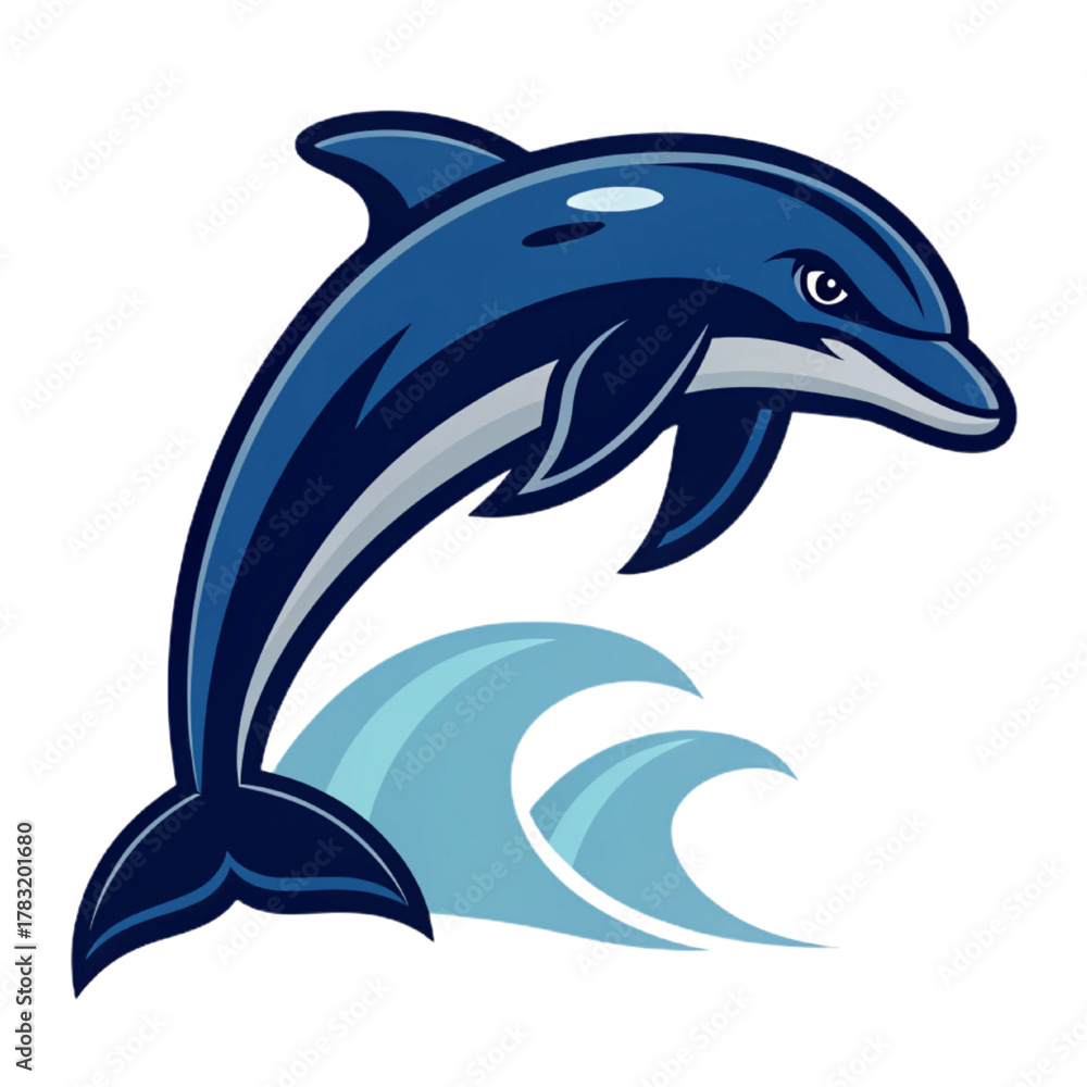 Fototapeta premium Dolphin Mascot Logo Vector, Flat Esport Emblem Design with Jumping Pose, Solid Navy and Marine Blue Fills, Transparent Background