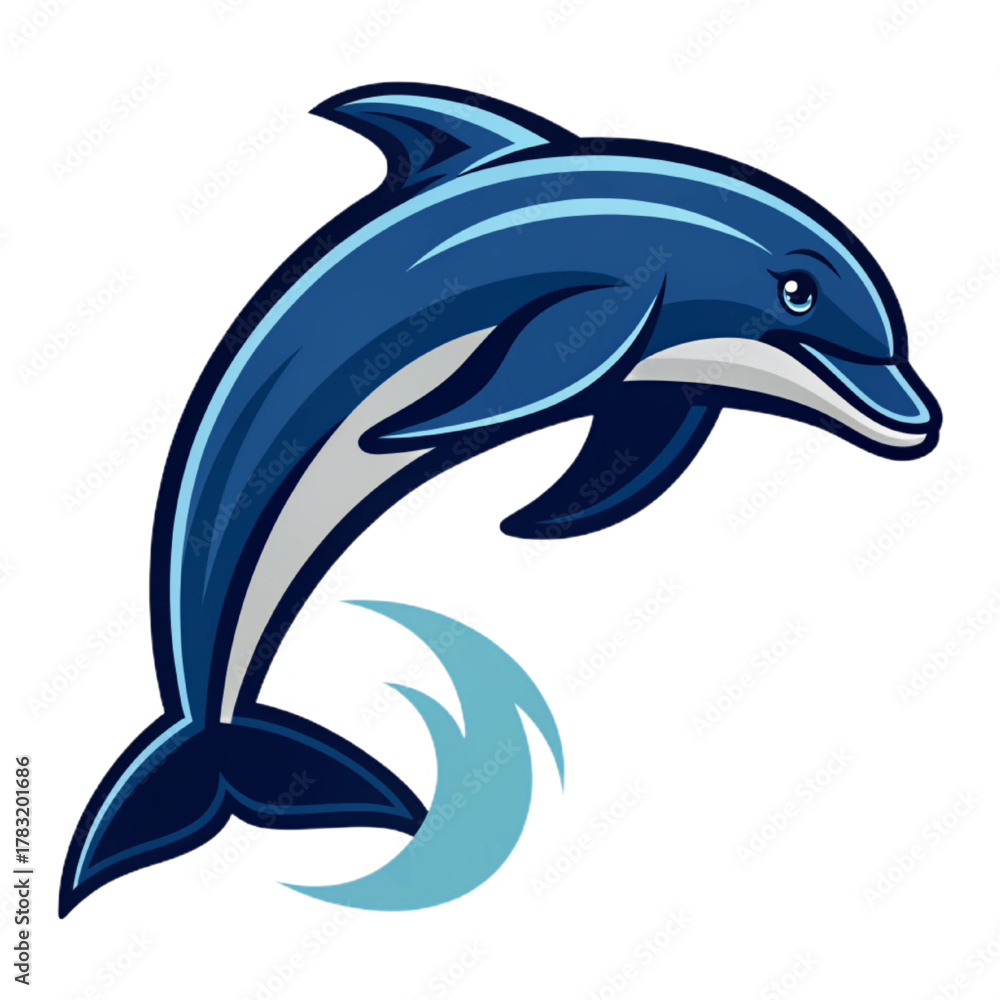 Fototapeta premium Dolphin Mascot Logo Vector, Flat Esport Emblem Design with Jumping Pose, Solid Navy and Marine Blue Fills, Transparent Background