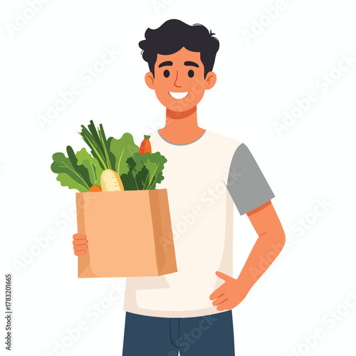 Smiling man holding a paper bag full of fresh vegetables, promoting healthy eating and lifestyle.