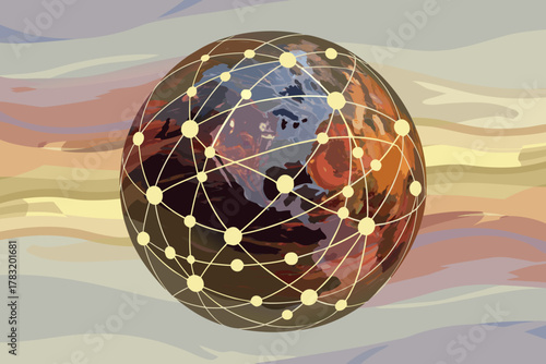 Global network connections visualized on a stylized planet earth