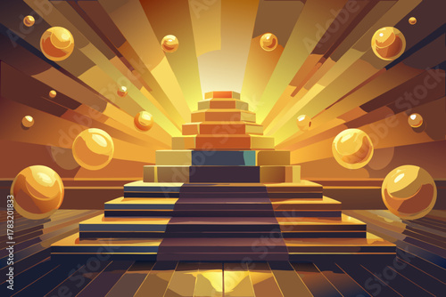 Golden staircase leading to bright light with floating spheres