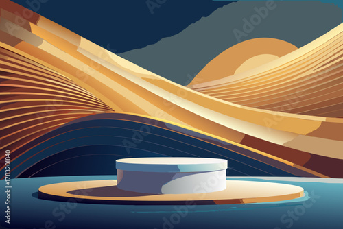 Abstract golden waves and product display platform in blue water