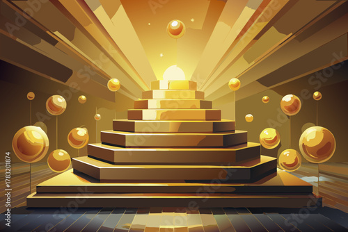 Luxurious golden staircase stage with floating spheres and spotlight