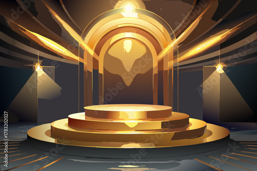 Luxurious golden stage with spotlight illumination and art deco elements