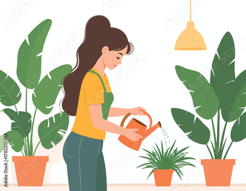 A woman waters indoor plants, tending to her green potted garden with care.