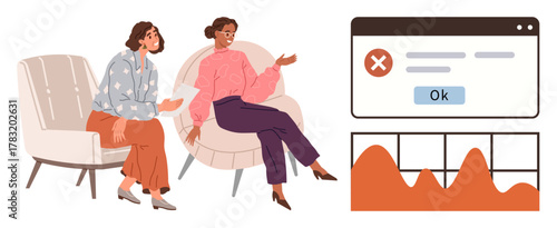 Two people conversing in chairs, addressing web error on screen alongside charts. Ideal for teamwork, problem-solving, communication, troubleshooting, analytics, tech errors cooperation. Simple flat