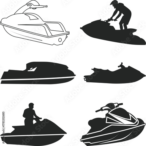 Jet ski silhouette, Jet ski Outlines Collection vector silhouette, Jet ski clipart Vector illustration on white background.