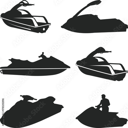 Jet ski silhouette, Jet ski Outlines Collection vector silhouette, Jet ski clipart Vector illustration on white background.