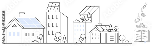 Houses and buildings with solar panels, greenery, and eco-friendly designs. Ideal for sustainability, renewable energy, urban development, green living, ecology, environmental awareness innovation