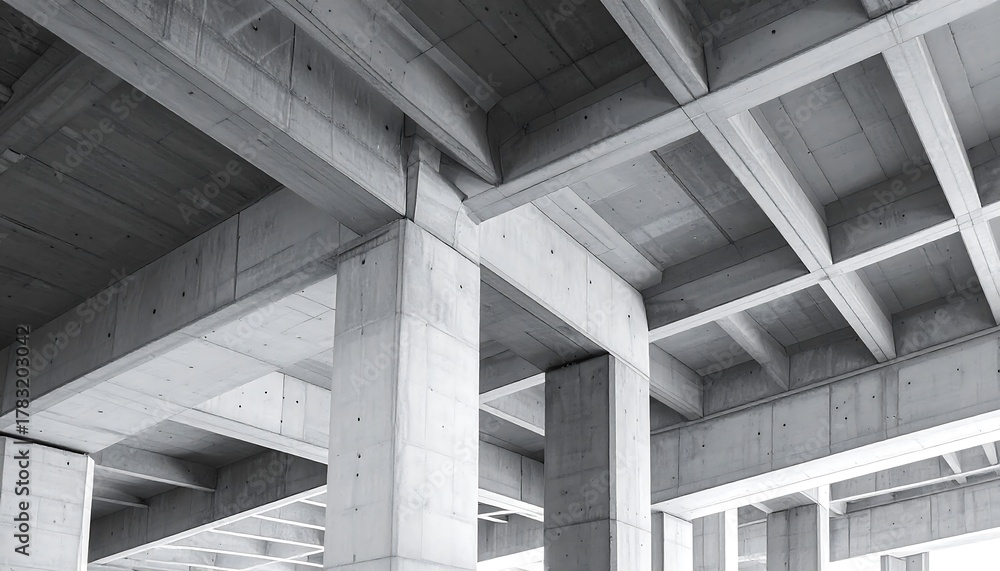 Fototapeta premium Dynamic perspective of a robust concrete structure, revealing the complex interplay of architectural beams and columns, symbolizing modern urban engineering strength and foundational construction