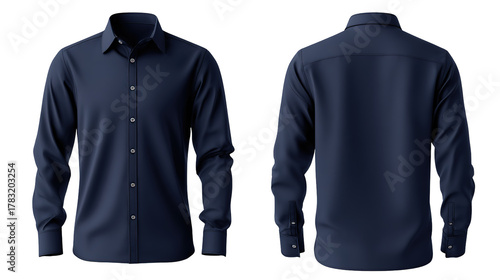 navy blue formal shirt mockup front and back view template isolated on transparent white background