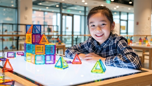 Smiling asian girl playing with colorful magnetic building blocks on a light table at a learning center