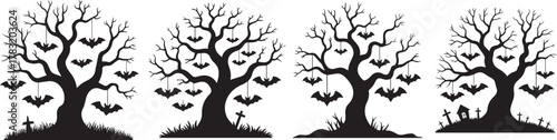 Silhouetted trees with hanging bats and small tombstones in a halloween scene