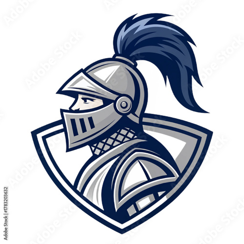 Medieval Knight Mascot Logo Vector, Flat Esport Emblem Design with Solid Silver Armor and Navy Plume and Clean Vector Linework, Transparent Background


