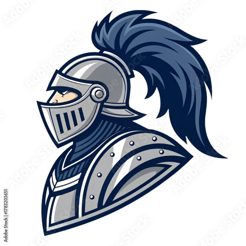 Medieval Knight Mascot Logo Vector, Flat Esport Emblem Design with Solid Silver Armor and Navy Plume and Clean Vector Linework, Transparent Background

