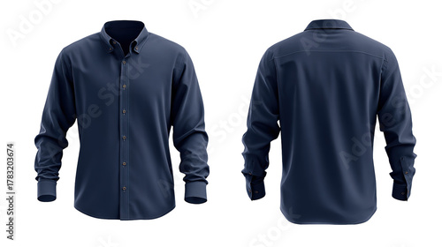 navy blue formal shirt mockup front and back view template isolated on transparent white background