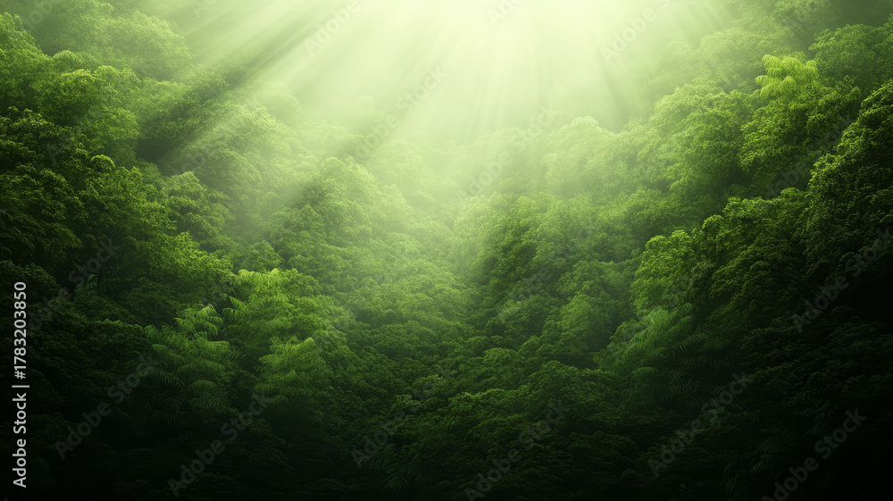 Fototapeta premium Lush green forest with morning mist and sun rays shining through dense foggy trees