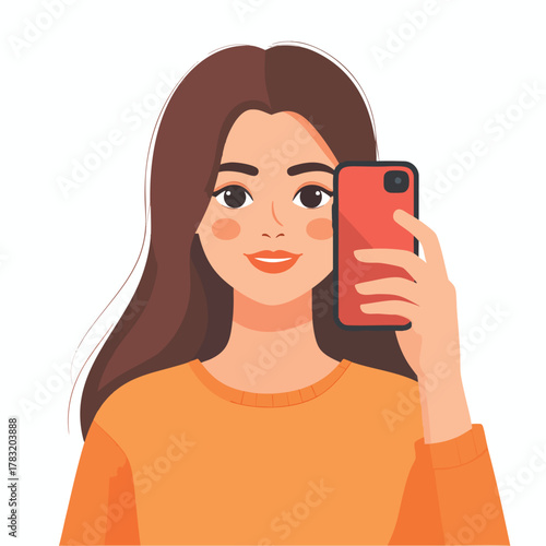 Smiling woman holding a red smartphone, taking a selfie, and looking directly at the viewer.