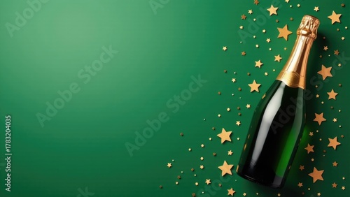 Wallpaper Mural A bottle of champagne with gold stars on a green background Torontodigital.ca