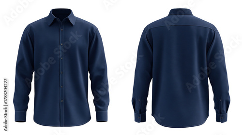 navy blue formal shirt mockup front and back view template isolated on transparent white background