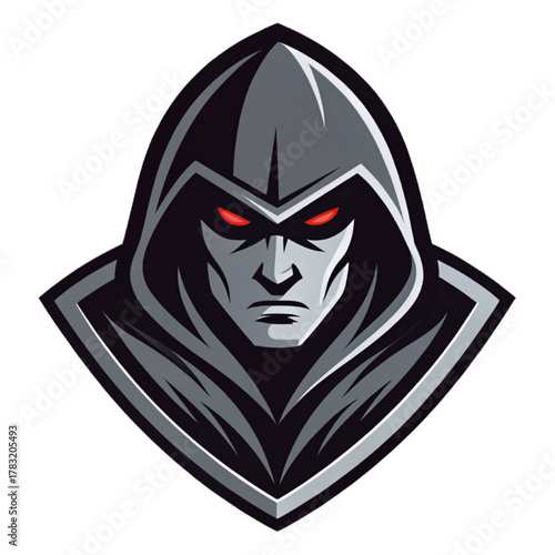 Assassin Mascot Logo Vector, Flat Esport Crest Design with Dark Hood, Solid Black and Cold Grey Fills and Red Accent Eyes, Transparent Background

