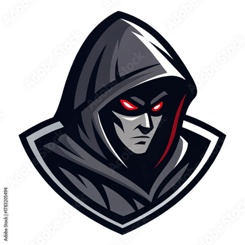 Assassin Mascot Logo Vector, Flat Esport Crest Design with Dark Hood, Solid Black and Cold Grey Fills and Red Accent Eyes, Transparent Background

